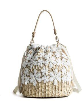 Women's Beige Straw Hobo Handbag Tote Rattan Bag Summer Vintage Weave Bucket
